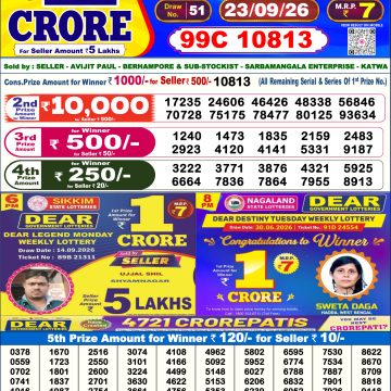 Dear Regal Wednesday Weekly Lottery 6pm Result 23.09.2026