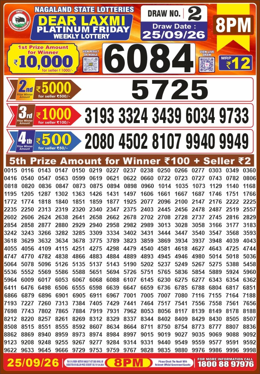 Dear Laxmi Platinum Weekly 8pm Result 25.09.2026