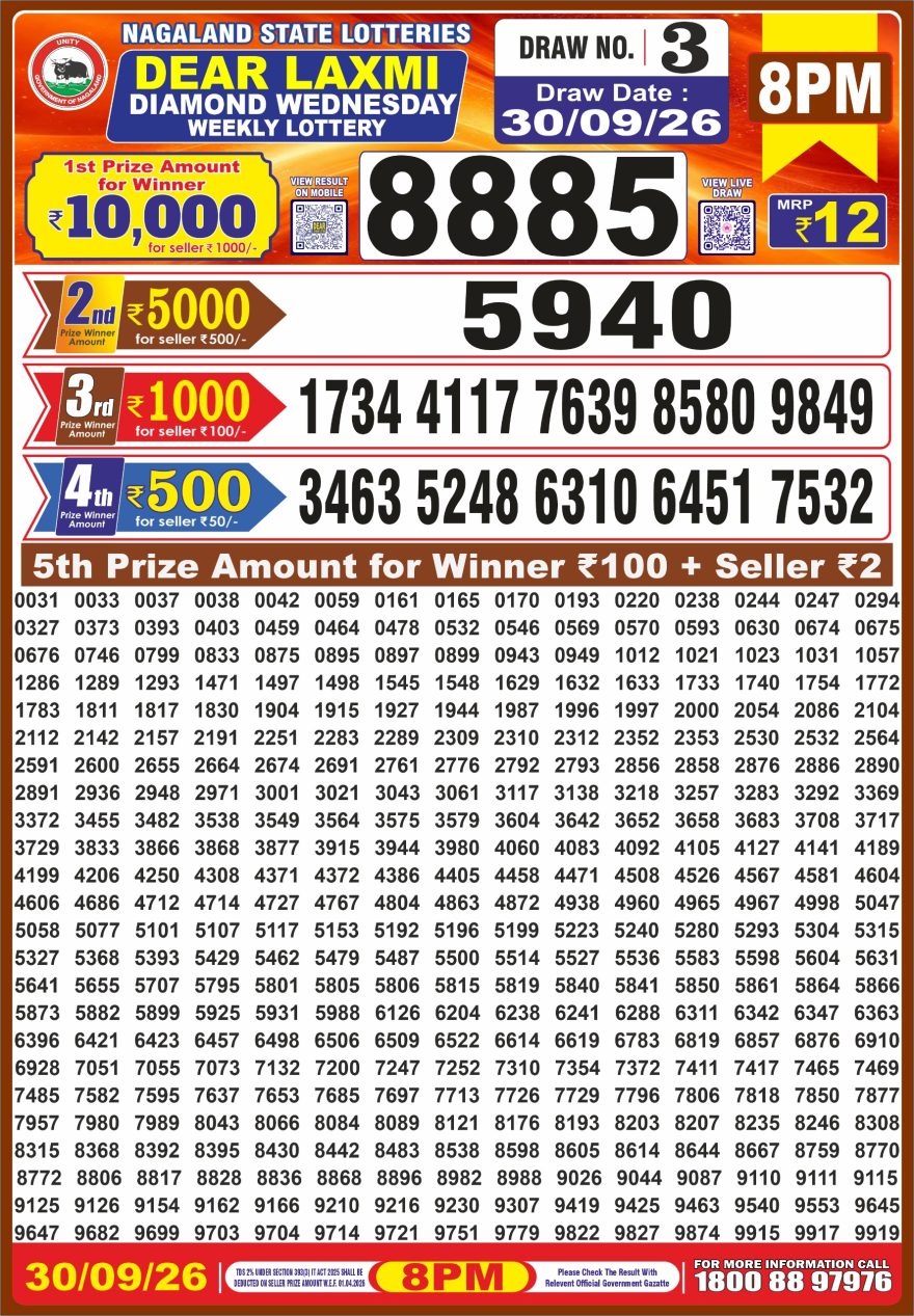 Dear Laxmi Diamond Weekly 8pm Result 30.09.2026