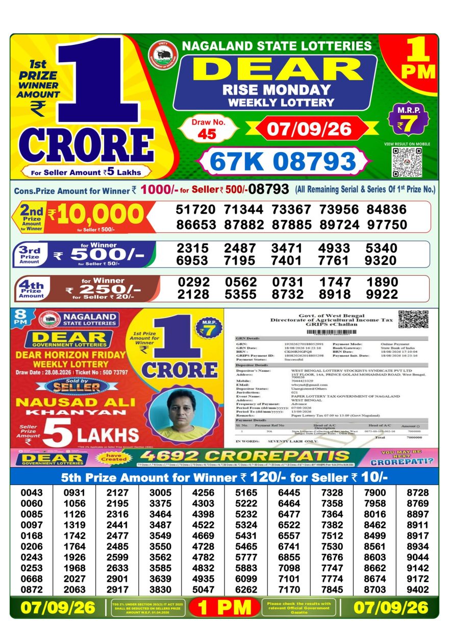 Dear Rise Monday Weekly 1pm Result 07.09.2026