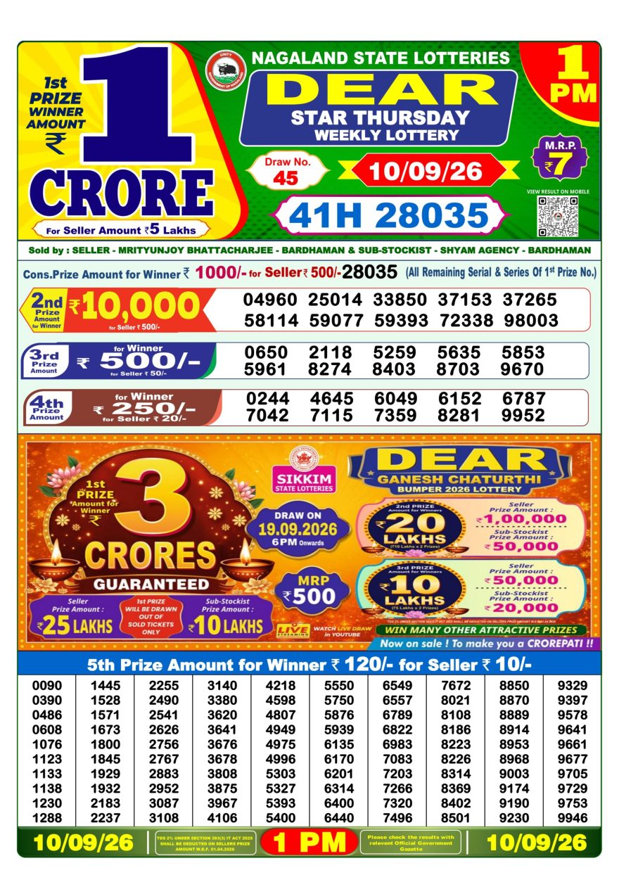 Dear Star Thursday Weekly 1pm Result 10.09.2026