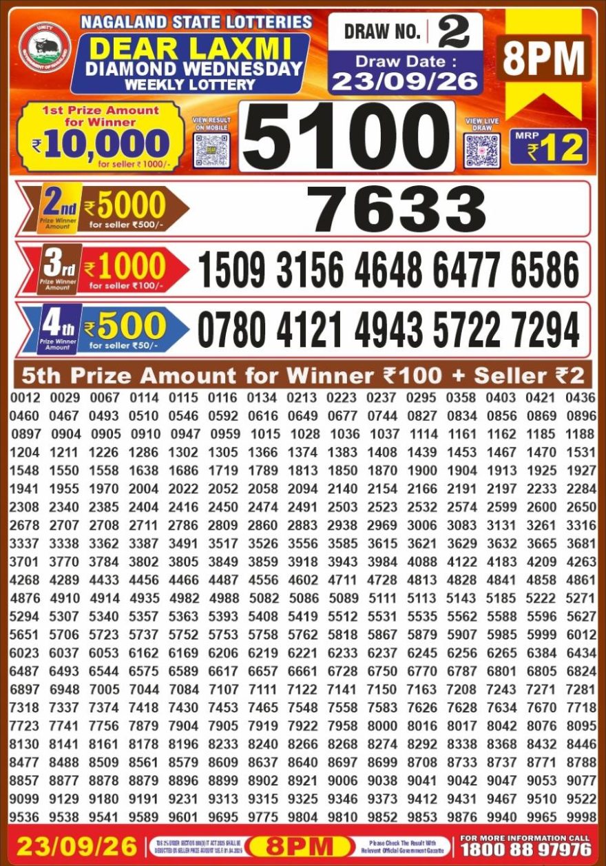 Dear Laxmi Diamond Weekly 8pm Result 23.09.2026