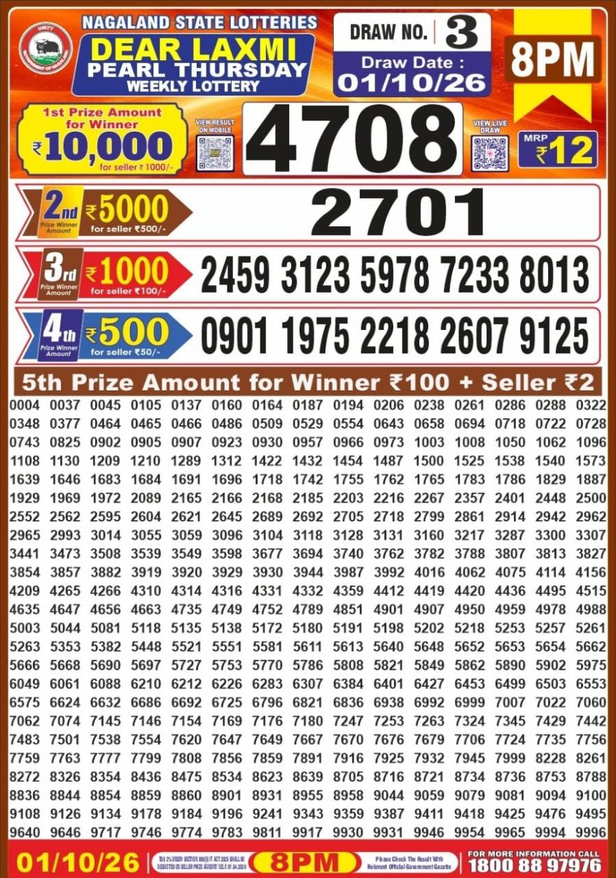 Dear Laxmi Pearl Weekly 8pm Result 01.10.2026