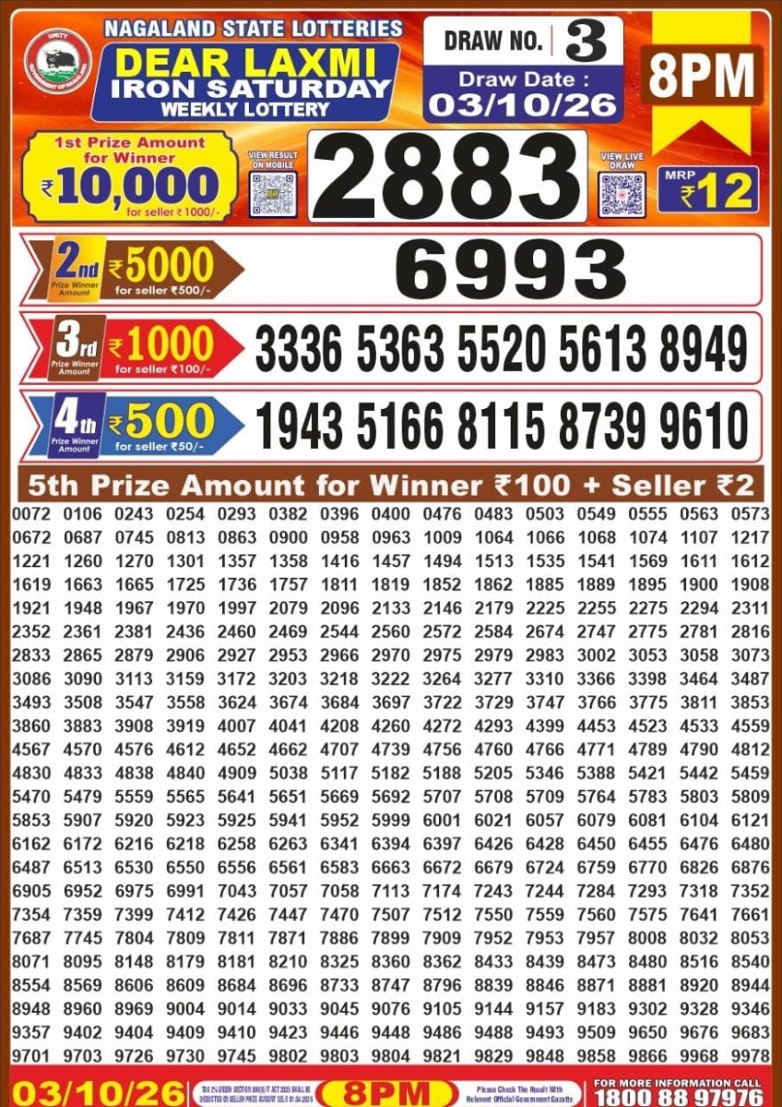 Dear Laxmi Iron Weekly 8pm Result 03.10.2026
