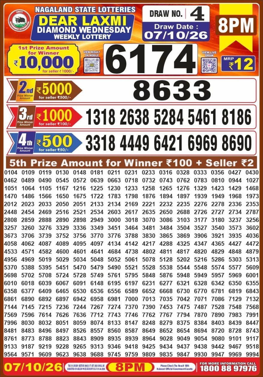 Dear Laxmi Diamond Weekly 8pm Result 07.10.2026