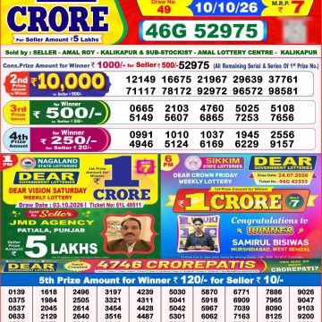 Dear Lucky Weekly Lottery 8pm Result 10.10.2026