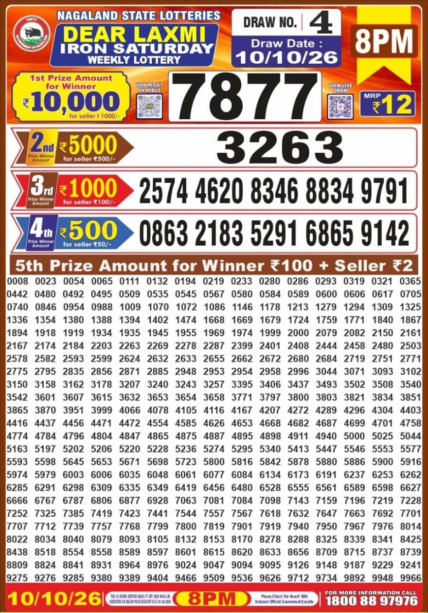 Dear Laxmi iron Weekly 8pm Result 10.10.2026
