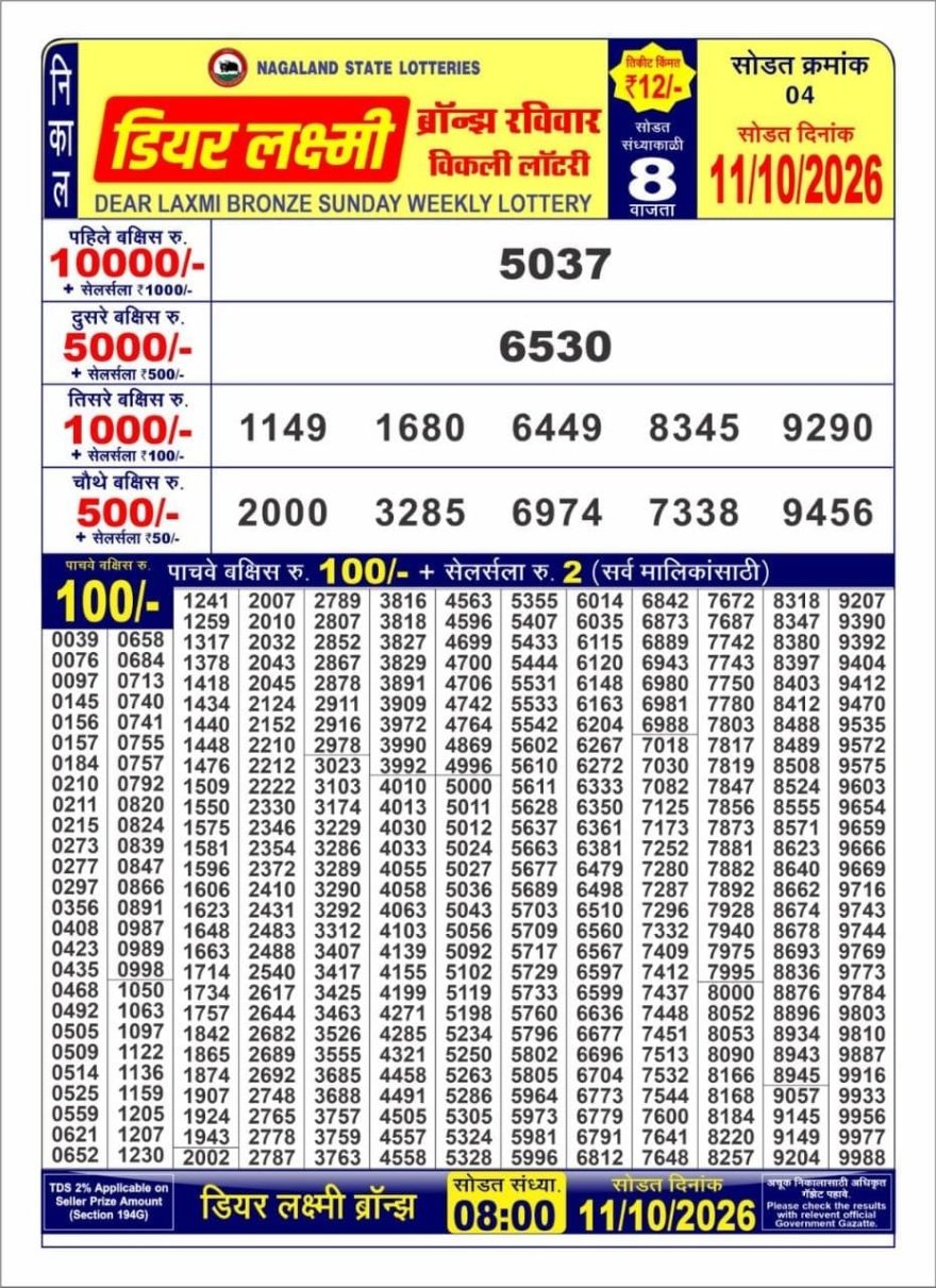 Dear Laxmi Bronze Weekly 8pm Result 11.10.2026