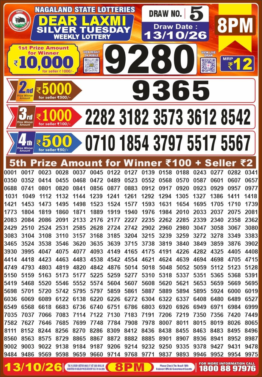 Dear Laxmi Silver Weekly 8pm Result 13.10.2026