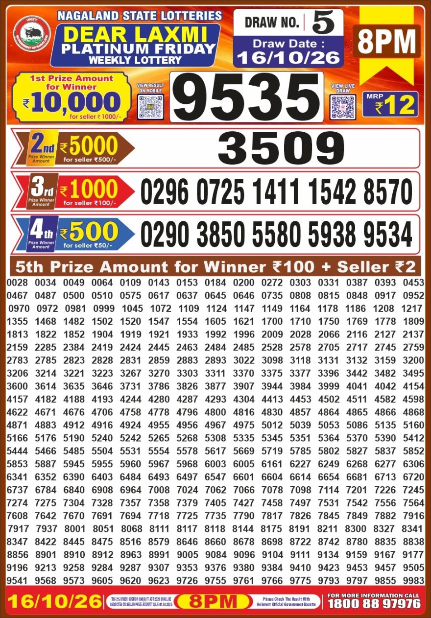 Dear Laxmi Platinum Weekly 8pm Result 16.10.2026