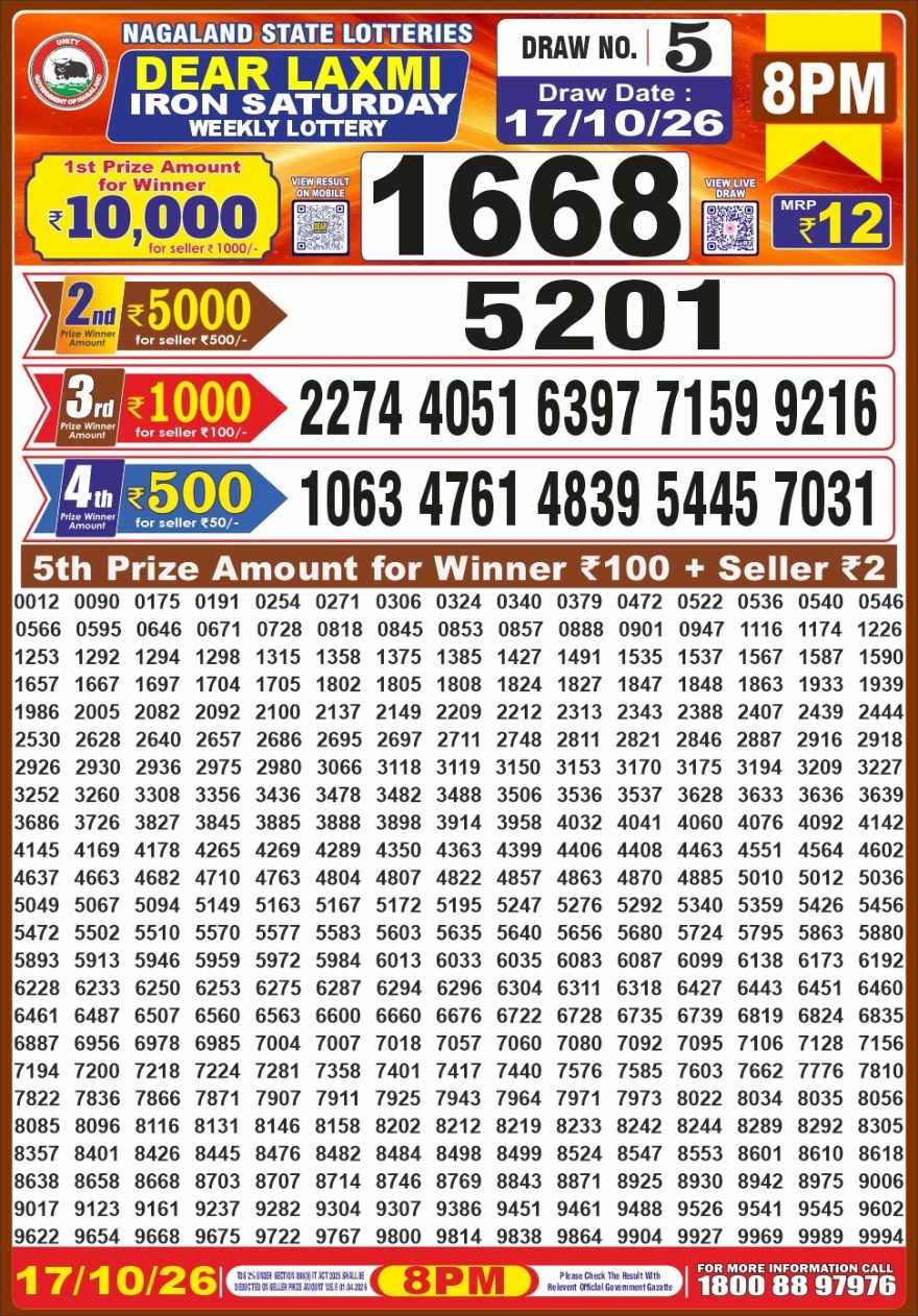 Dear Laxmi iron Weekly 8pm Result 17.10.2026