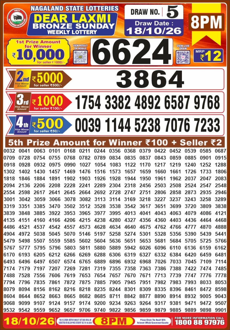 Dear Laxmi Bronze Weekly 8pm Result 18.10.2026