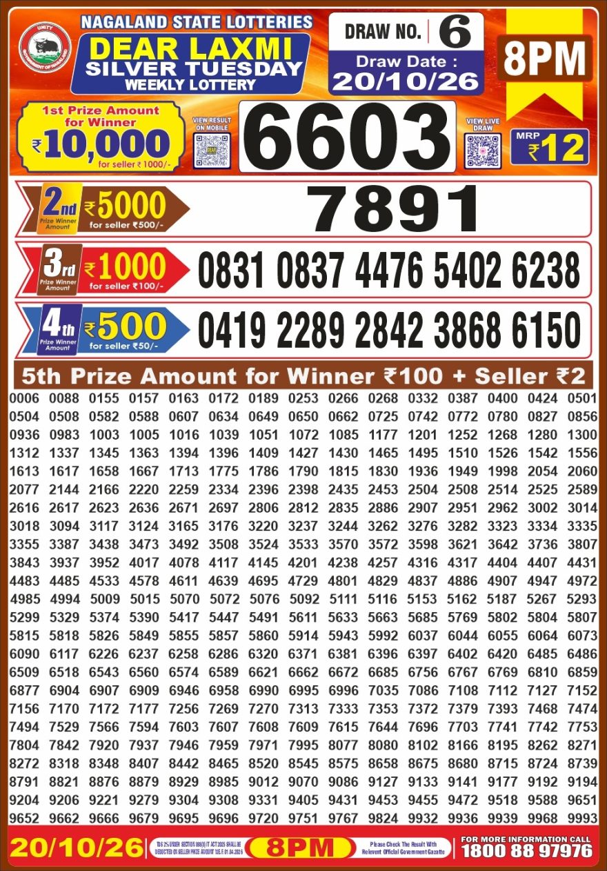 Dear Laxmi Silver Weekly 8pm Result 20.10.2026