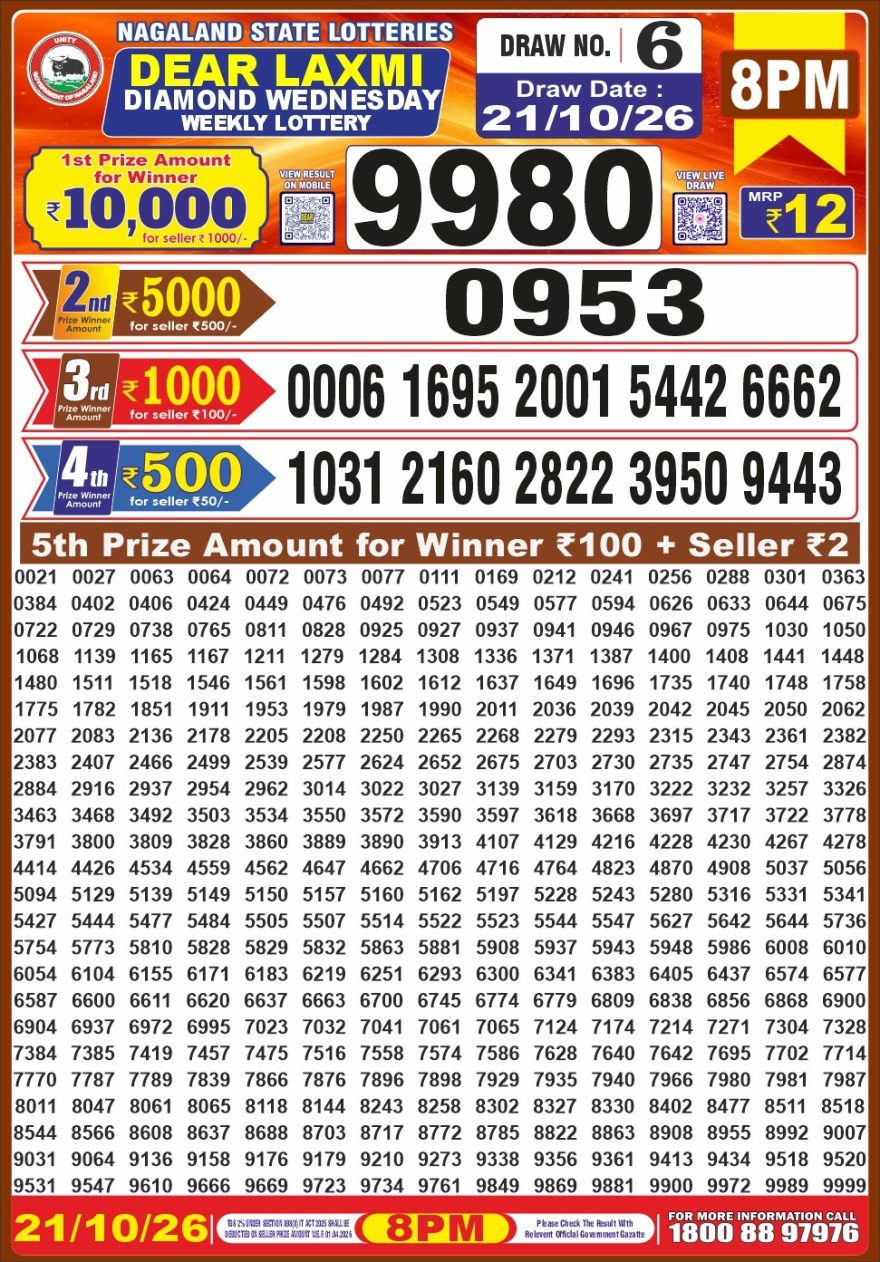 Dear Laxmi Diamond Weekly 8pm Result 21.10.2026