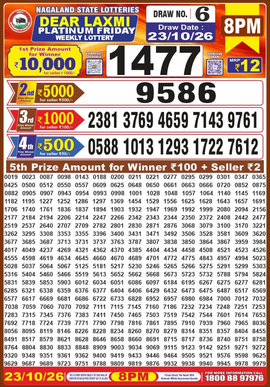 Dear Laxmi Platinum Weekly 8pm Result 24.10.2026