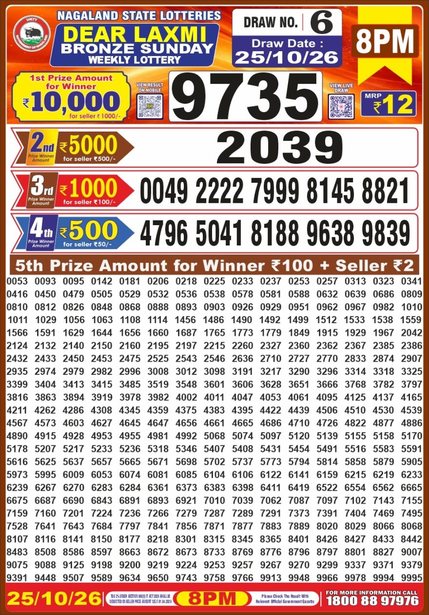 Dear Laxmi Bronze Weekly 8pm Result 25.10.2026