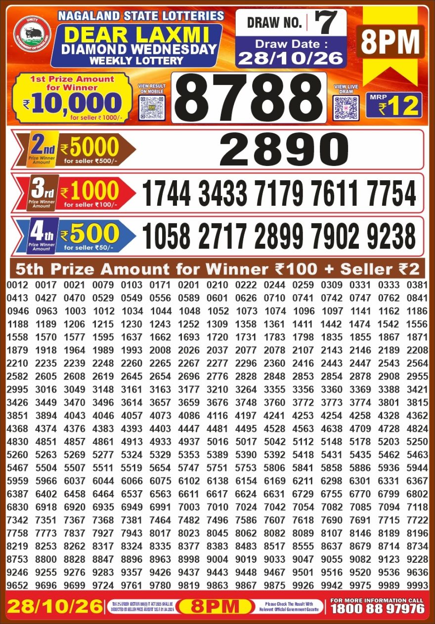 Dear Laxmi Diamond Weekly 8pm Result 28.10.2026